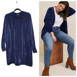 Torrid Chenille Cocoon Open Front Ribbed Navy Cardigan Sweater Size 2X